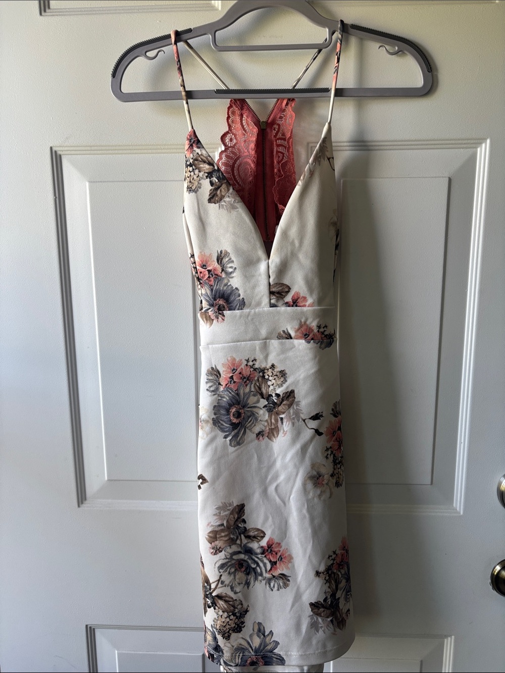 Windsor Cream Floral Mini Dress with Pink Lace Back Detail